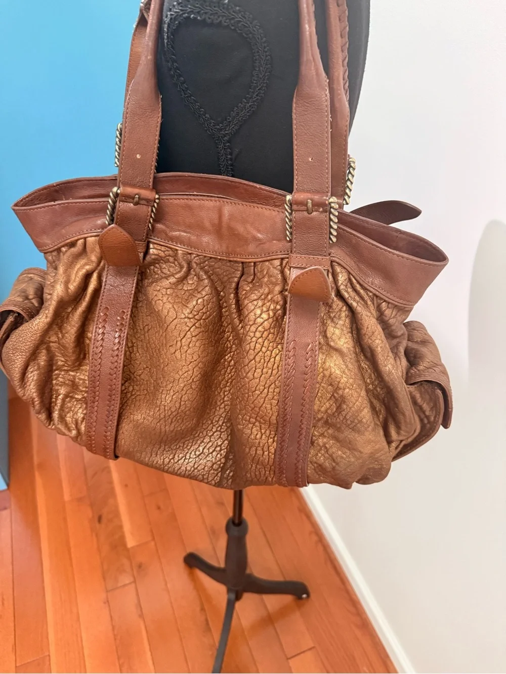 Cole Haan Metallic Brown Leather Double Handles Zippper Satchel Shoulder Bag